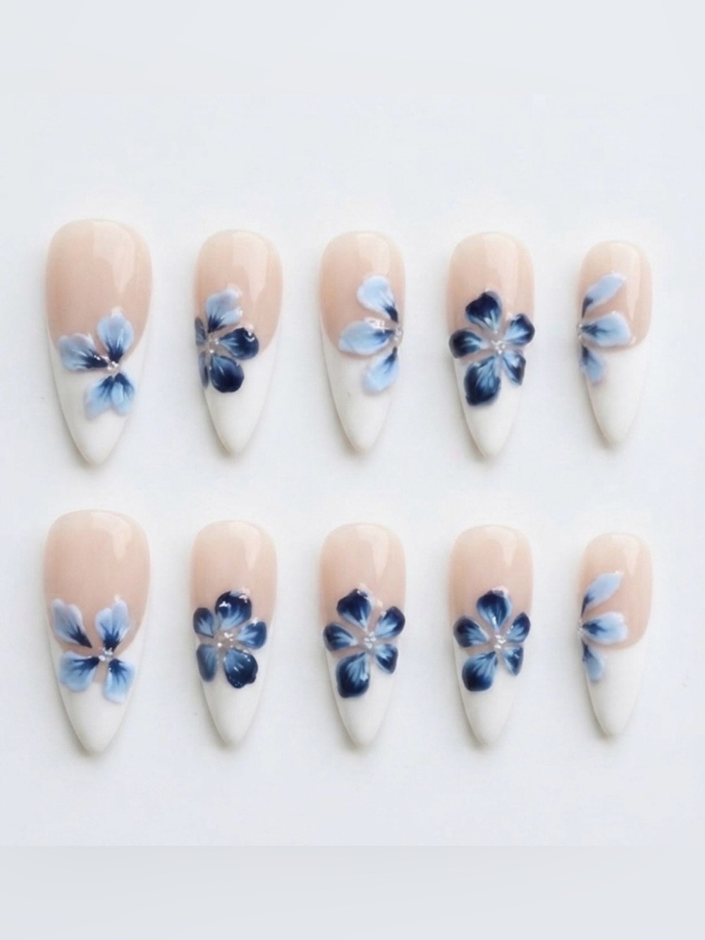 Floral Blue Ombre Press-On Nail Set - Blue & White